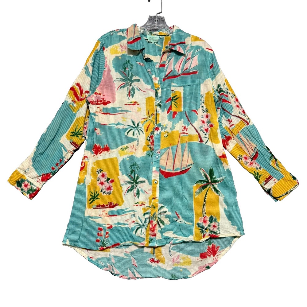 True Destinations Hawaiian Blouse Womens L Tropical Sailboat Coastal Grandmacore